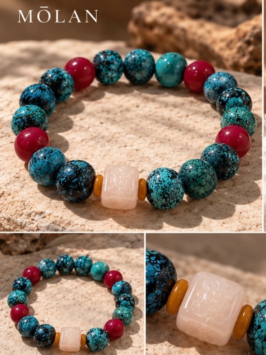 Molan Jewelry - MŌLAN | Natural Turquoise & Two-Tone Bodhi Root Statement Bracelet | One of One